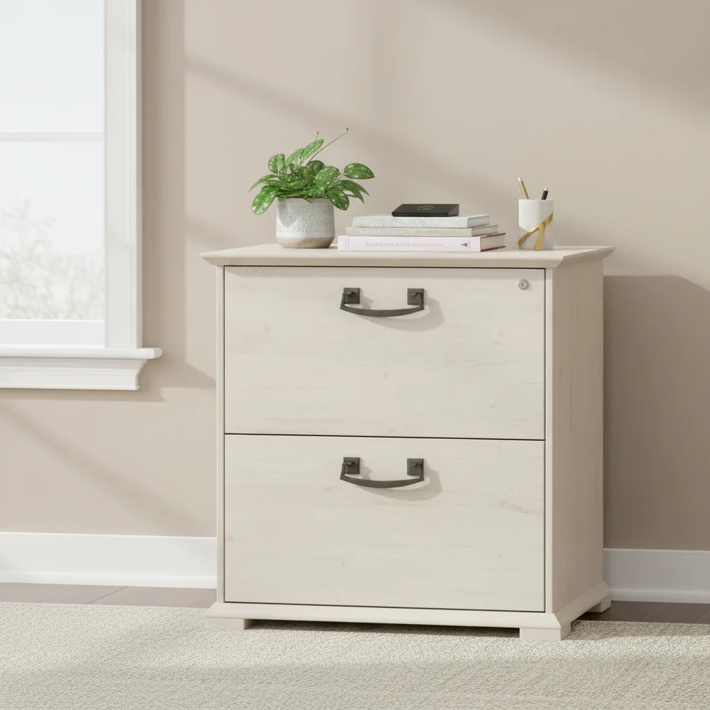 Farmhouse Lateral File Cabinet, 2-Drawer, Linen White Oak / Driftwood Gray, Single User