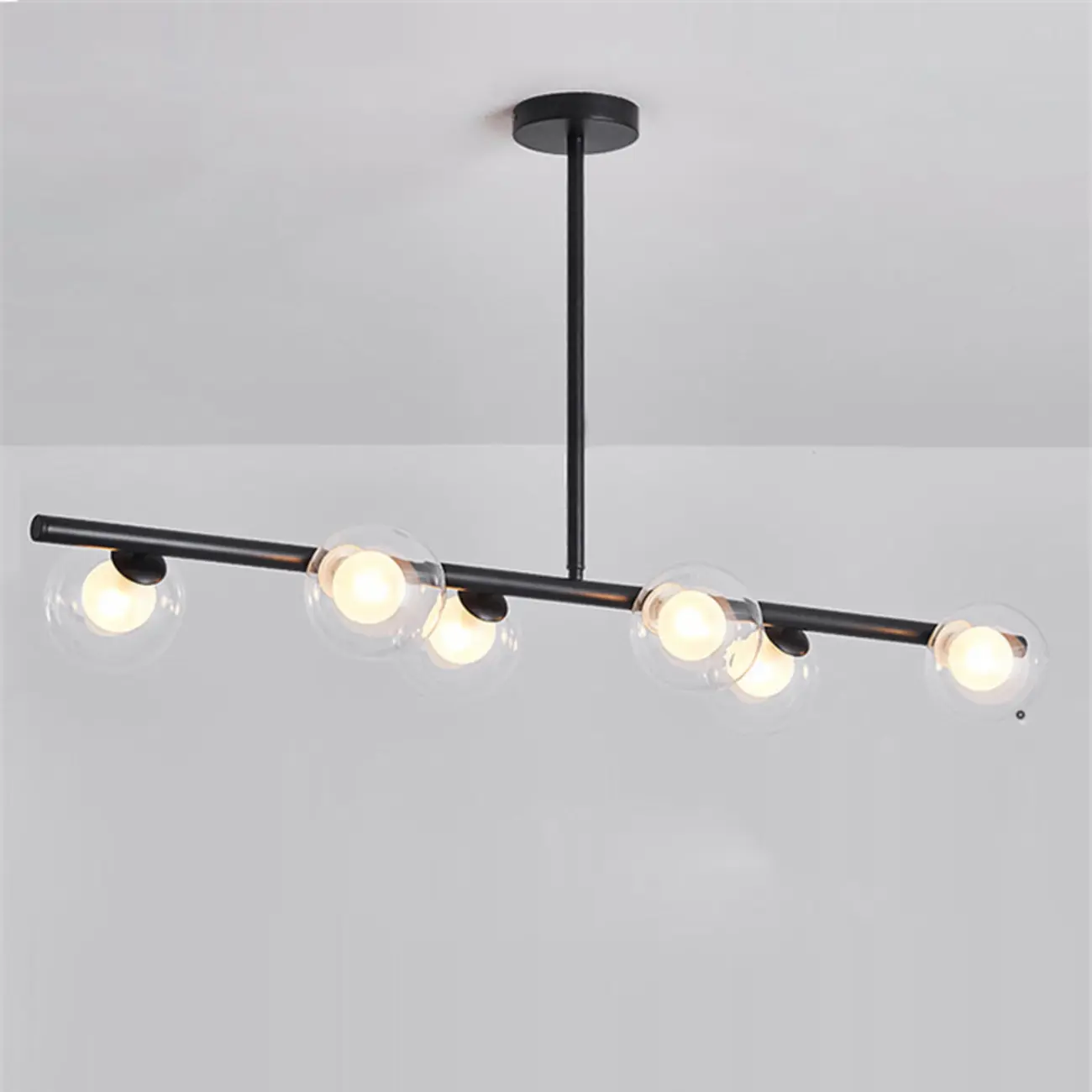 Gold Linear Island Light with 6 Lights Transparent Glass Globe Shades