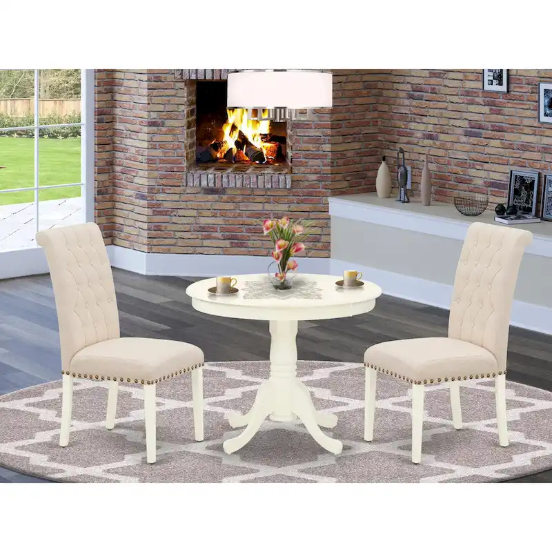 East West Furniture Wooden Dining Table Set Includes Small Table and Parson Chairs in Linen Fabric (Pieces and Finish Option)