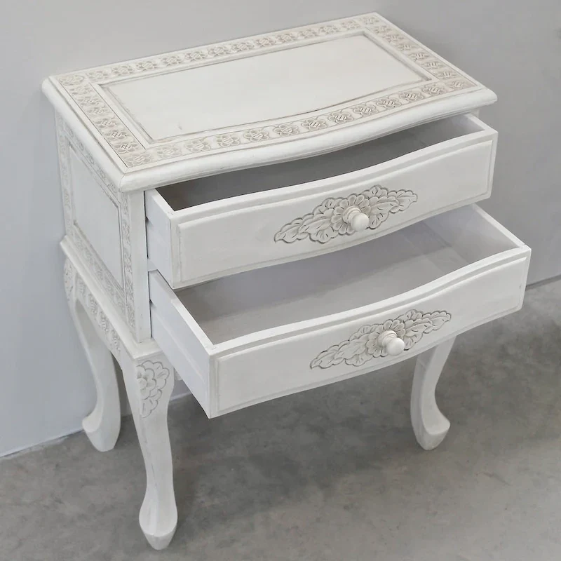 2-Drawer Carved Hardwood End Table with Antique White Finish