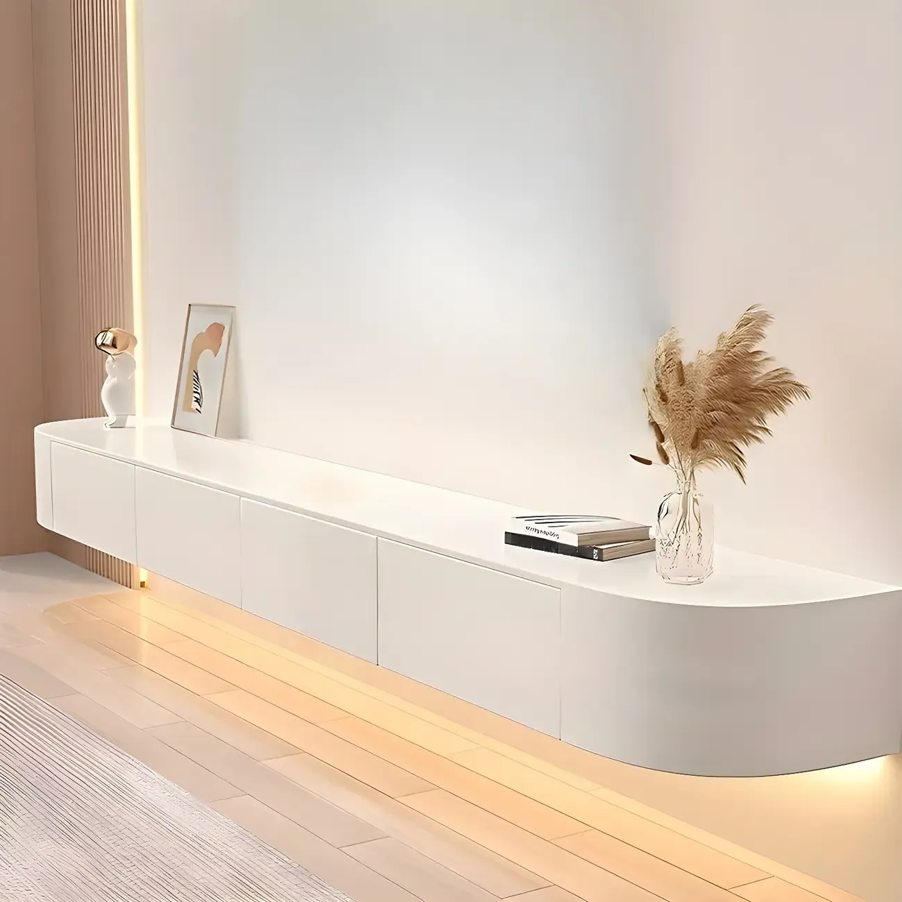 Glam Wooden Floating TV Stand in White with Drawers & Shelves