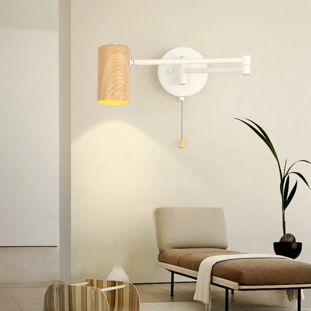 White and Black Metal Swing Arm Wall Light with Cylindrical Shade