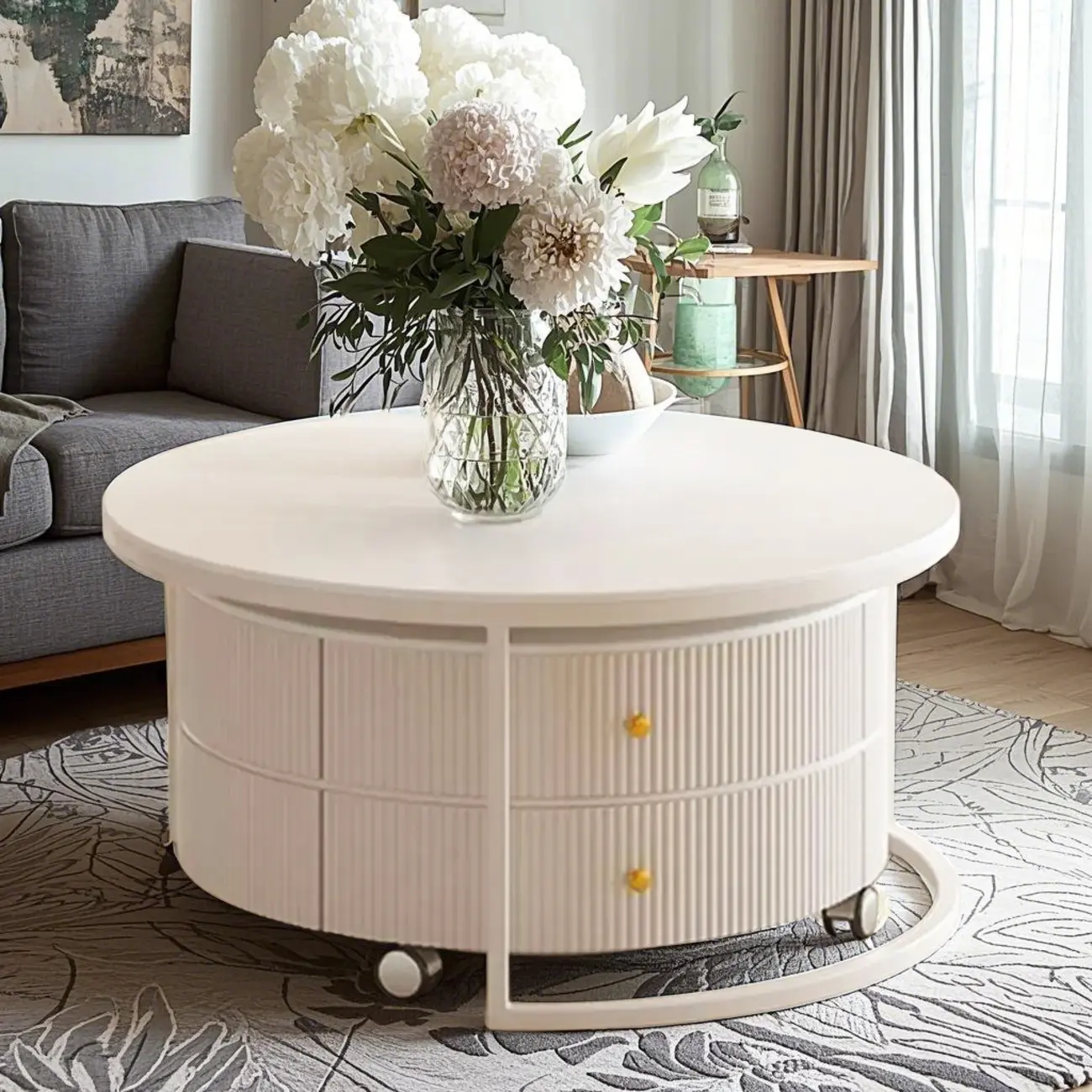 White Round Wheeled Round Wood Drawer Coffee Table