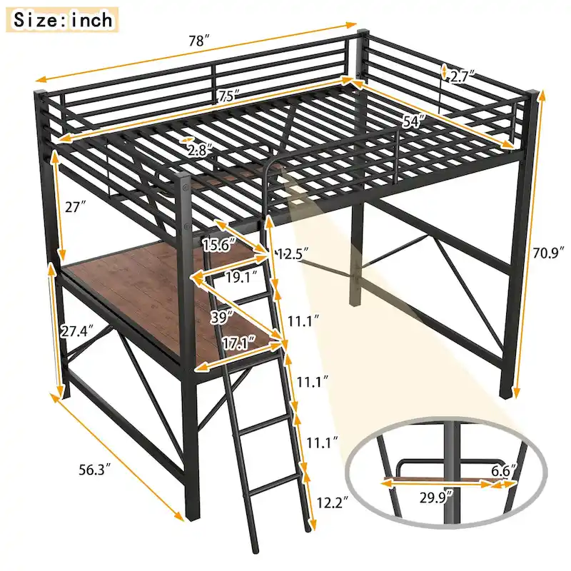 Metal Loft Bed with Desk and Guardrail