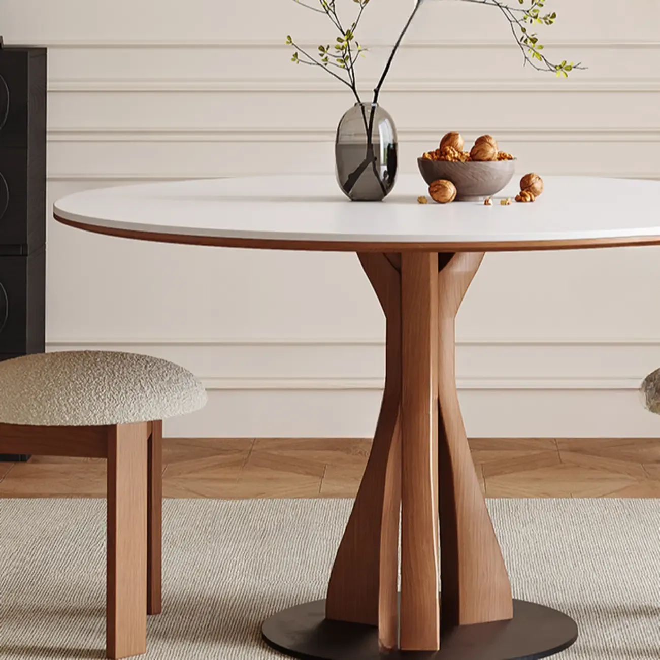 Mid-Century Modern White Stone Brown Wood Round Dining Table