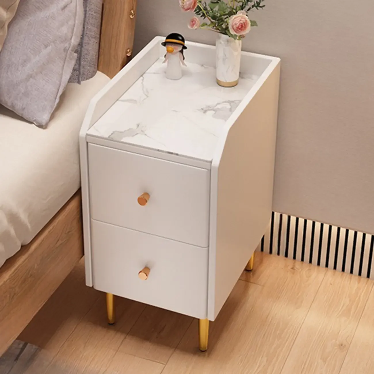 Narrow Faux Leather Drawer Nightstand with Stone Countertop