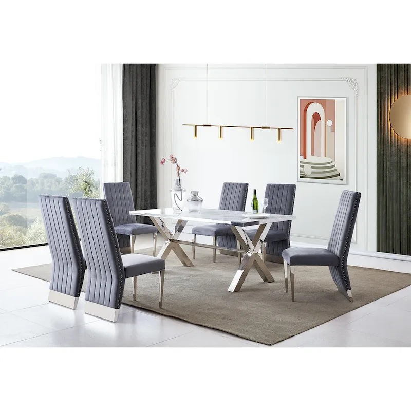 Modern Channel High Back Dining Chairs with Nailhead Trims and Polished Metal Legs