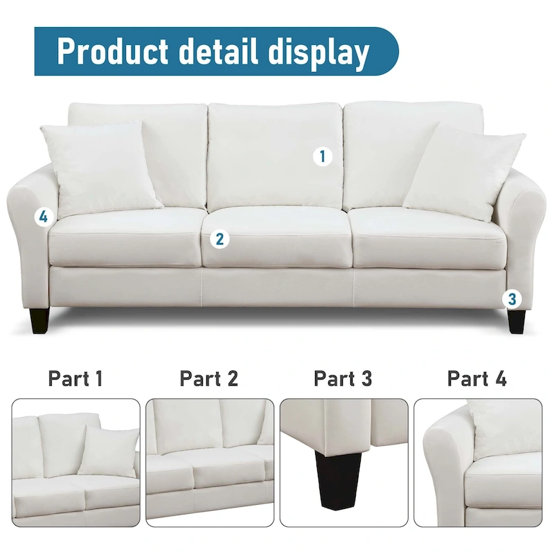 Aukfa Upholstered 3 Seater Sofa Couch with 2 Pillows