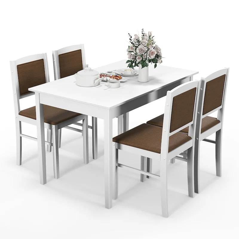Gymax 5 PCS Dining Table Set for 4 w/Rubber Wood Legs Upholstered Seat