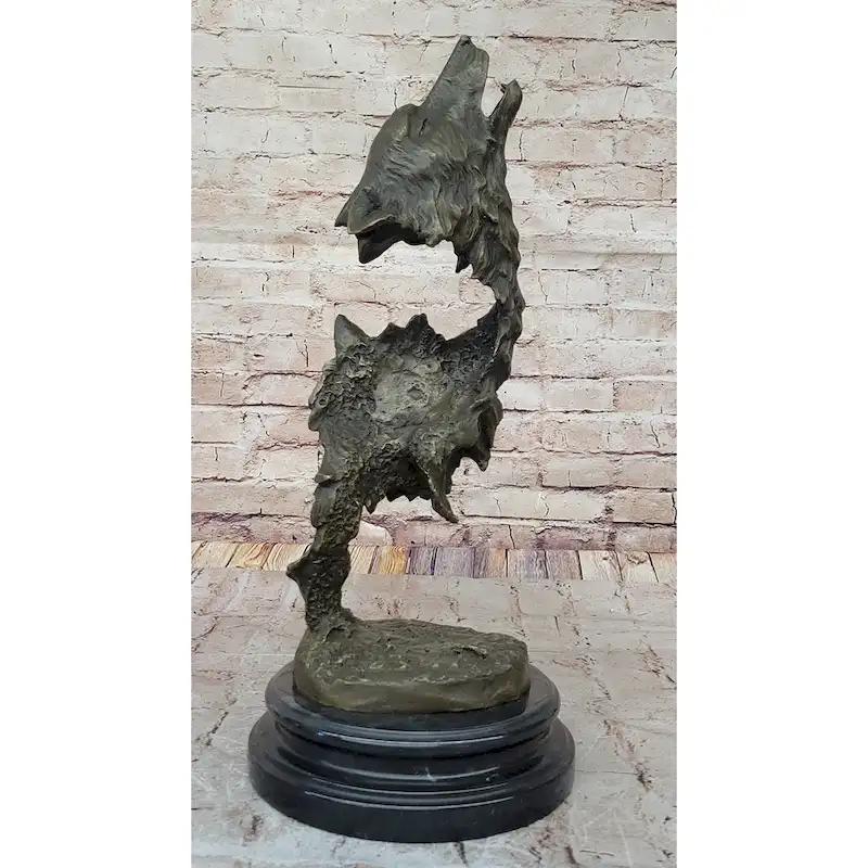 Howling Wolves Bronze Sculpture  Striking Dual Imitative Wolf Heads On Marble Base