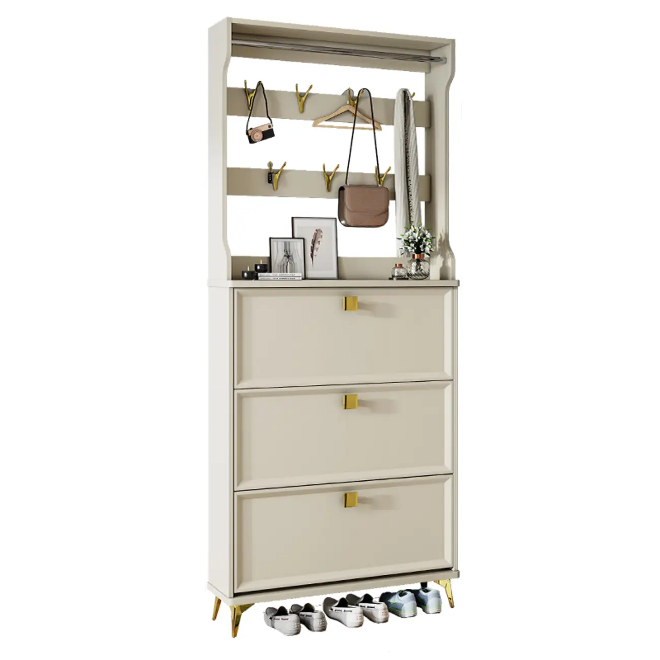 Drop-Front Adjustable Modern White Wood Narrow Shoe Cabinet