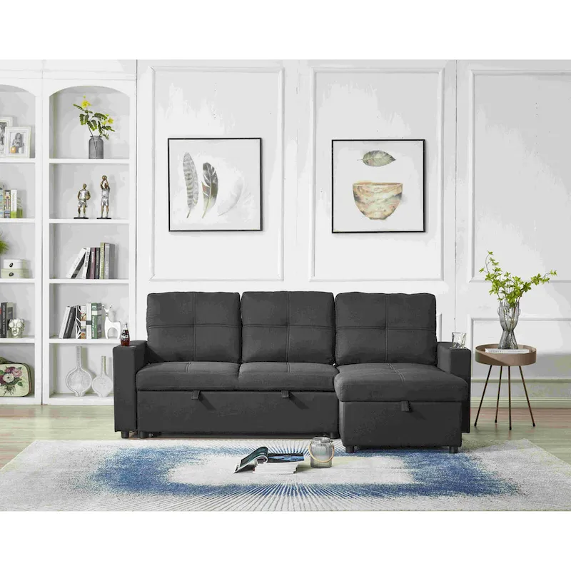 Linen Sectional Sofa Reversible Chaise with Pull out Sleeper
