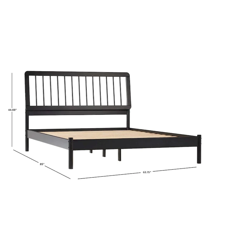Queen Solid Wood Spindle Bed Frame with Pine Legs – Caramel / Natural Pine / Black, for 1–2 People