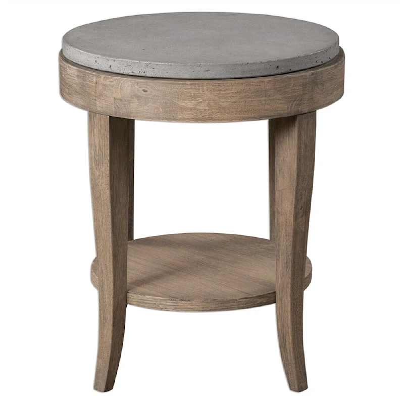 28.5 Brown Gray Vintage Style Round Concrete Birchwood Accent Table