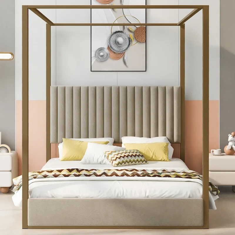 Queen Linen Canopy Bed with Headboard and Metal Frame