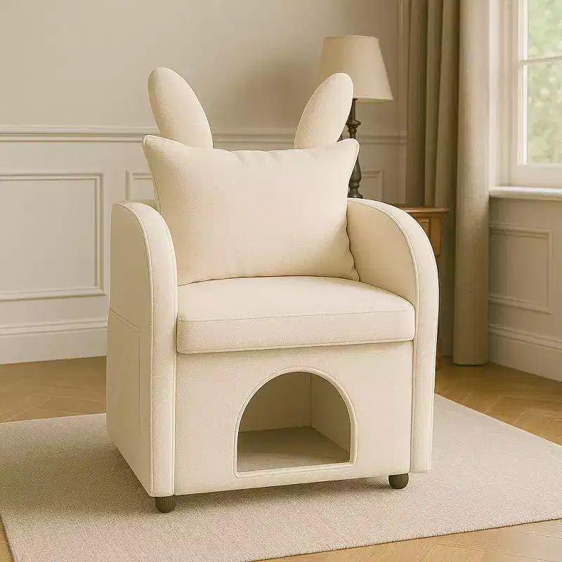 Okak Simple Cute Bunny-Ear Armchair with Built-in Cat & Dog Hideaway,Pet-Friendly Single Sofa Chair for Bedroom,Living Room