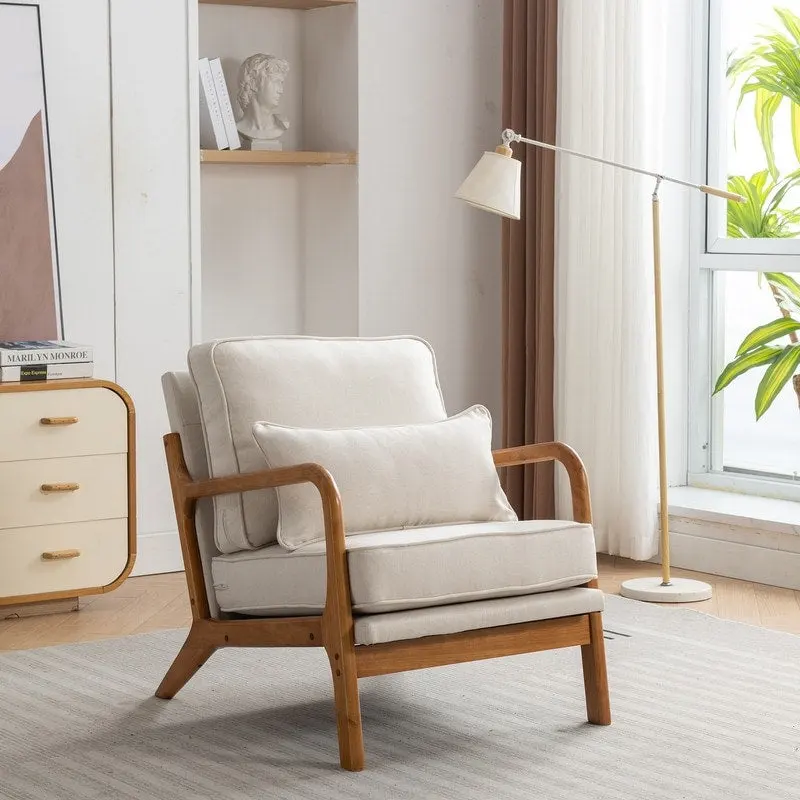 SEYNAR Mid Century Boucle Uplostered Soild Wood Accent Armchair with Pillow