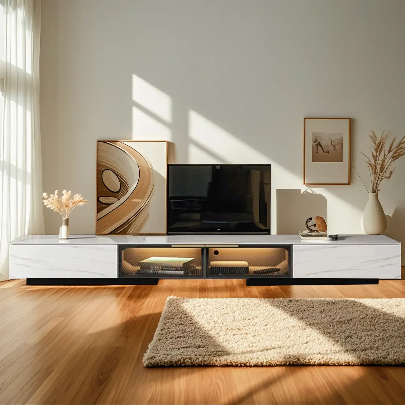 Black Modern Stone Rectangle Drawers TV Stand with LED Lights