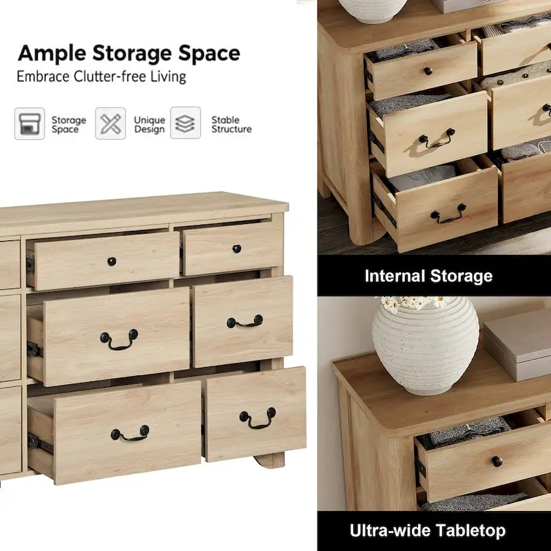 53.5 Wide Farmhouse White Dresser TV Stand with Curved Edge Design and Wide Chests of Drawers