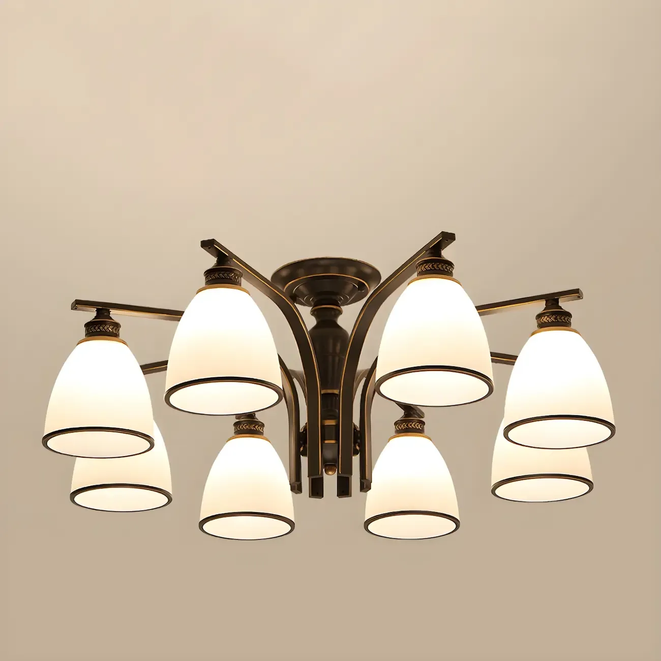 Traditional Black Down Bell Frosted Glass Semi Flush Mount Light
