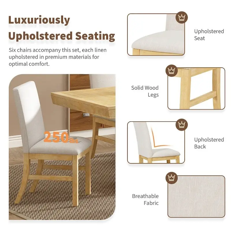 Retro 7-piece Rubber Wood Dining Set with 72 Extendable Butterfly Leaf Table and 6 Upholstered Chairs