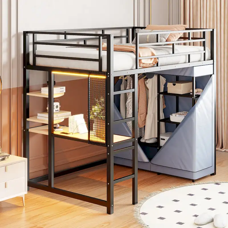 Twin Metal Loft Bed with Built-in Desk, Wardrobe & Power Outlet - 350LB Capacity