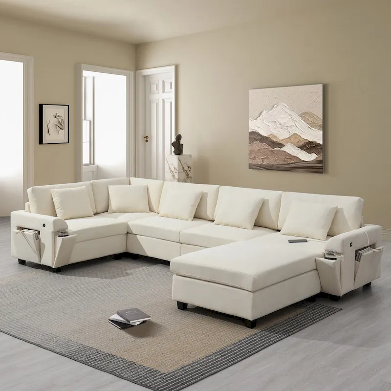 128 Chenille U-Shaped Sectional Sofa with Storage & USB