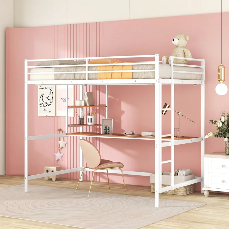 White Full Size Metal Loft Bed with Desk, Ladder & Shelf