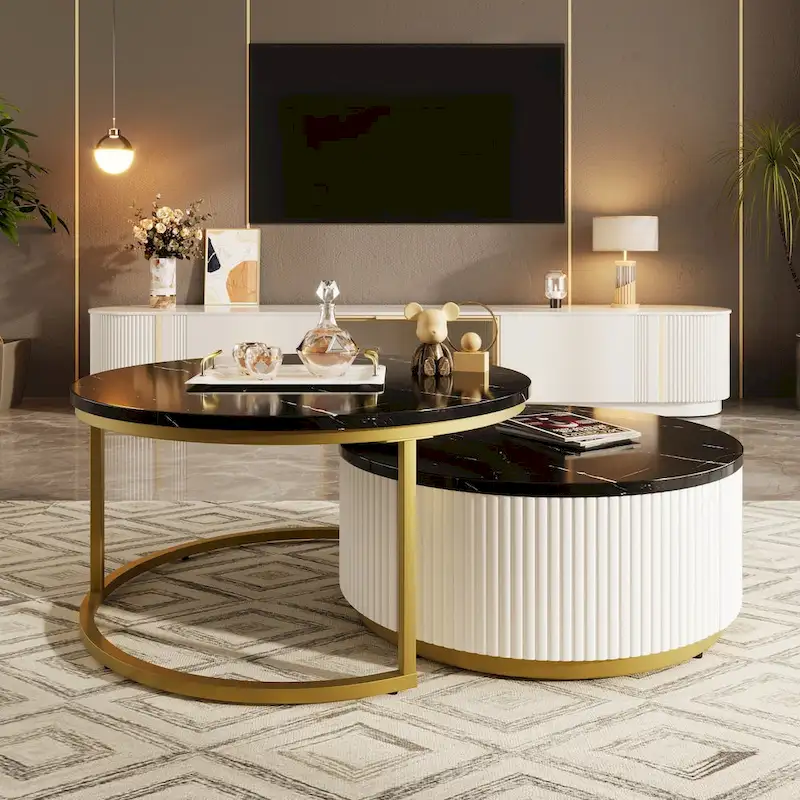 Modern Round Nesting Coffee Table Fluted with Drawer