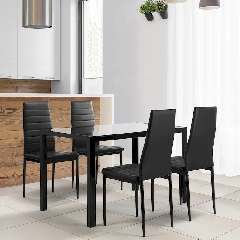 Modern 5-Piece Dining Set with Rectangular Tempered Glass Table & 4 High Back Upholstered Chairs