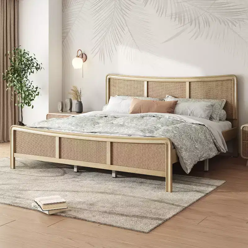 Natural Boho Rattan Platform Bed with Adjustable Headboard, Queen/King, 1-Person