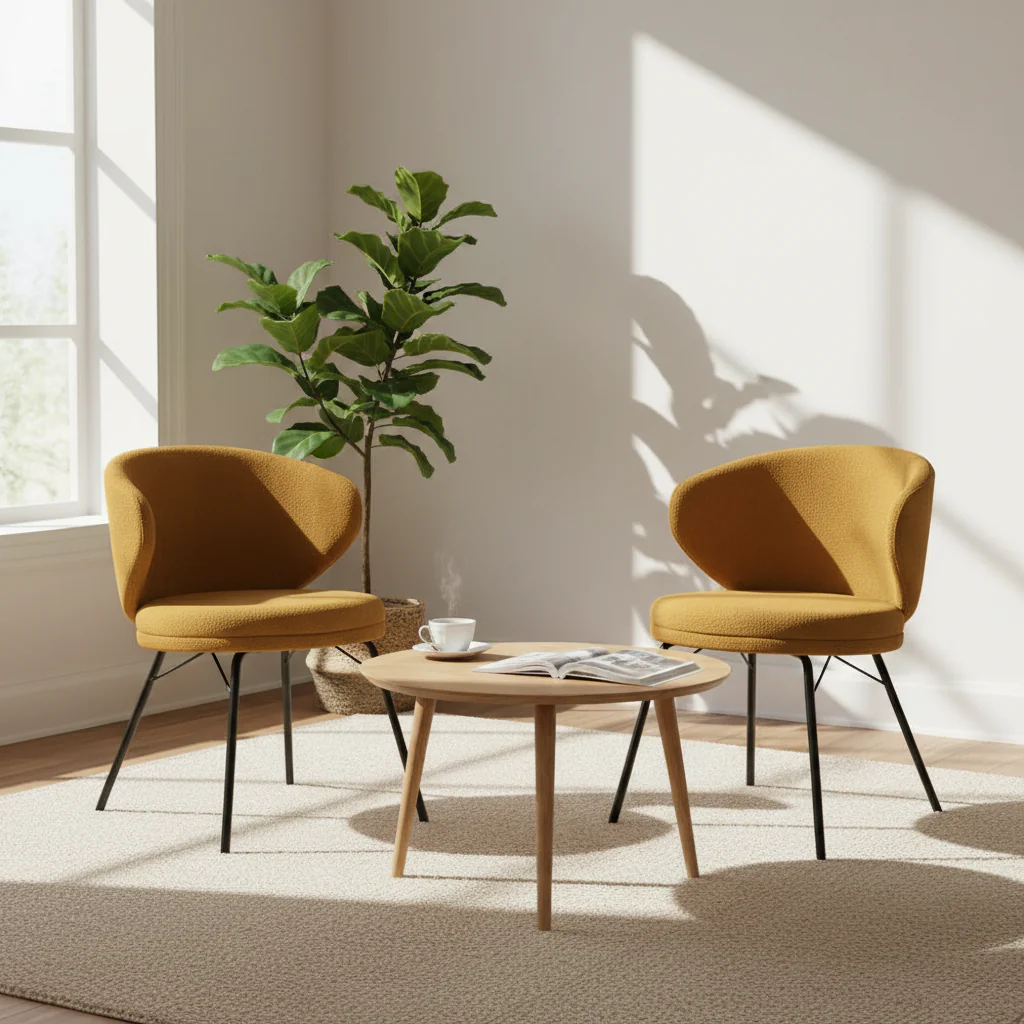 Boucle Dining Chair with Black Iron Legs, Set of 2