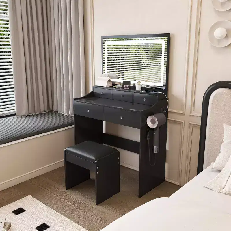 Okak Modern Vanity Table with Large Mirror & Lights,Storage Dressing Desk with Drawers & Small Stool,Makeup Table Set for Bedrooms
