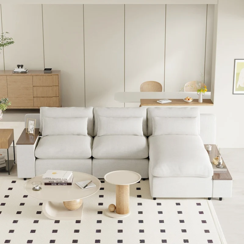 Beige L-Shaped Modular Sectional Sofa with Removable Back Cushions, 3 Pillows, and Storage Spaces