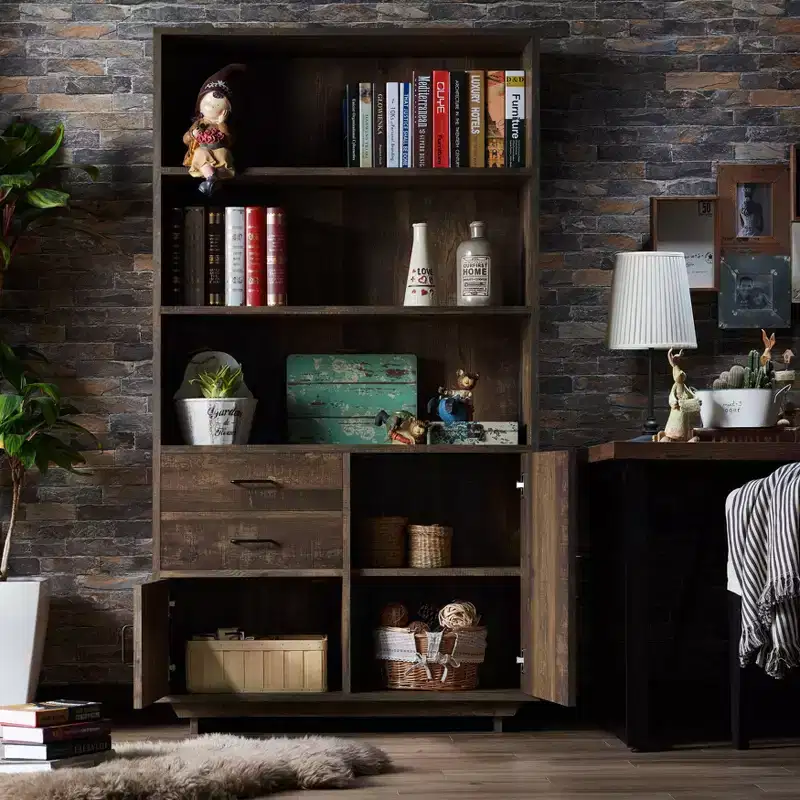 HOMES: Inside + Out 69.8" Tappan Bookcase with Cabinet Reclaimed Oak: Farmhouse Style, 5 Shelves, 2 Drawers