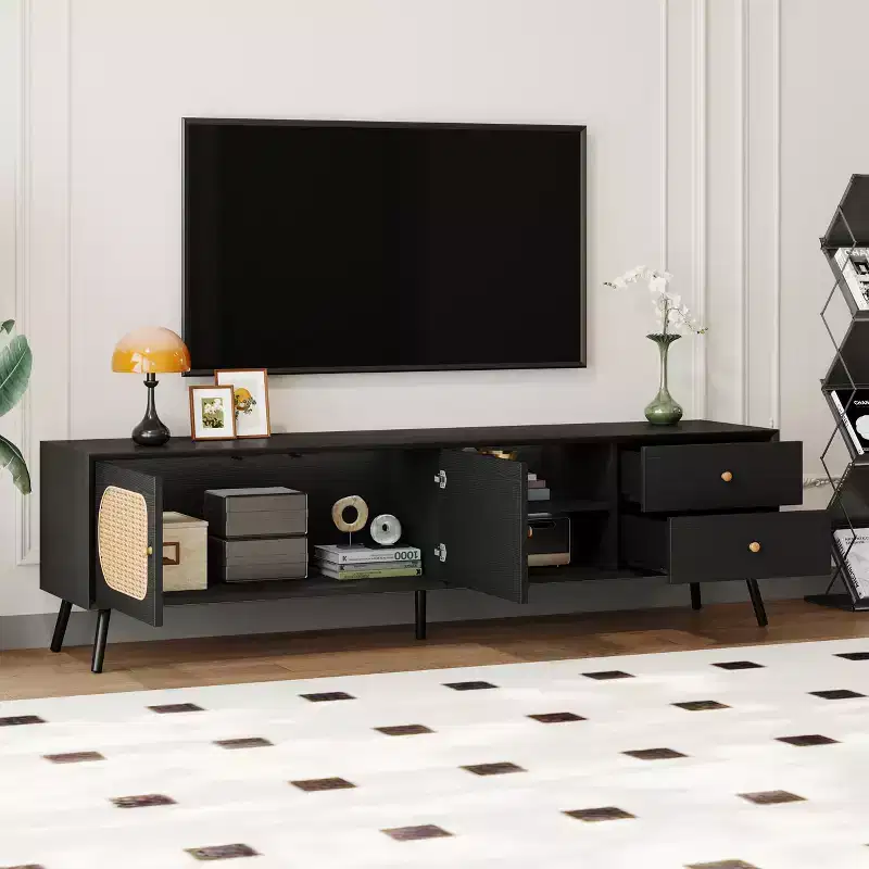 Rattan TV Stand with Doors for 80 inch TV, Vintage TV Storage Cabinet Table with Drawers and Open Shelf for Living Room, Black