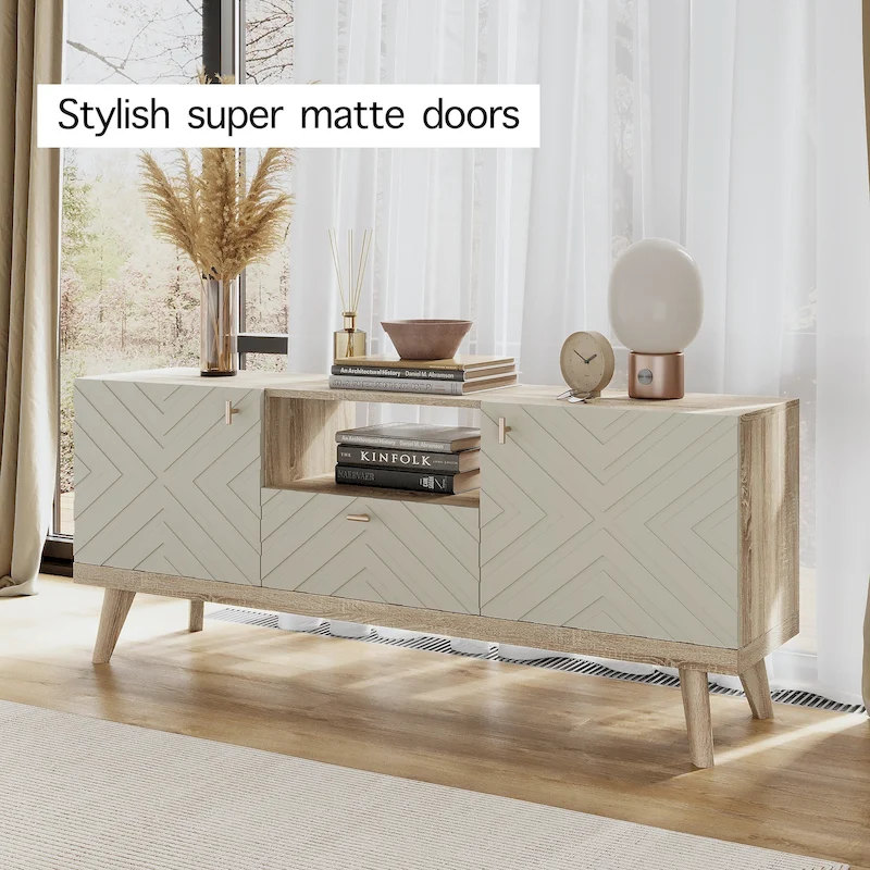Living Skog Alba Beige TV Stand Console with Drawer Fits TV's up to 65 in. with Wood Legs Mid Century Modern Design