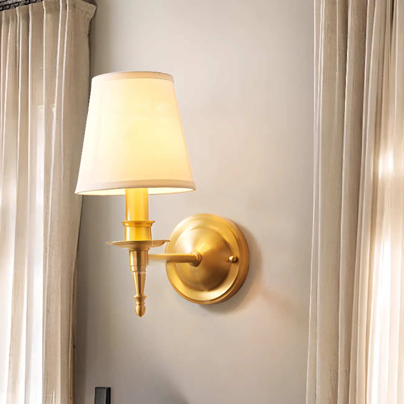 Traditional White Fabric Shade Golden Wall Sconce