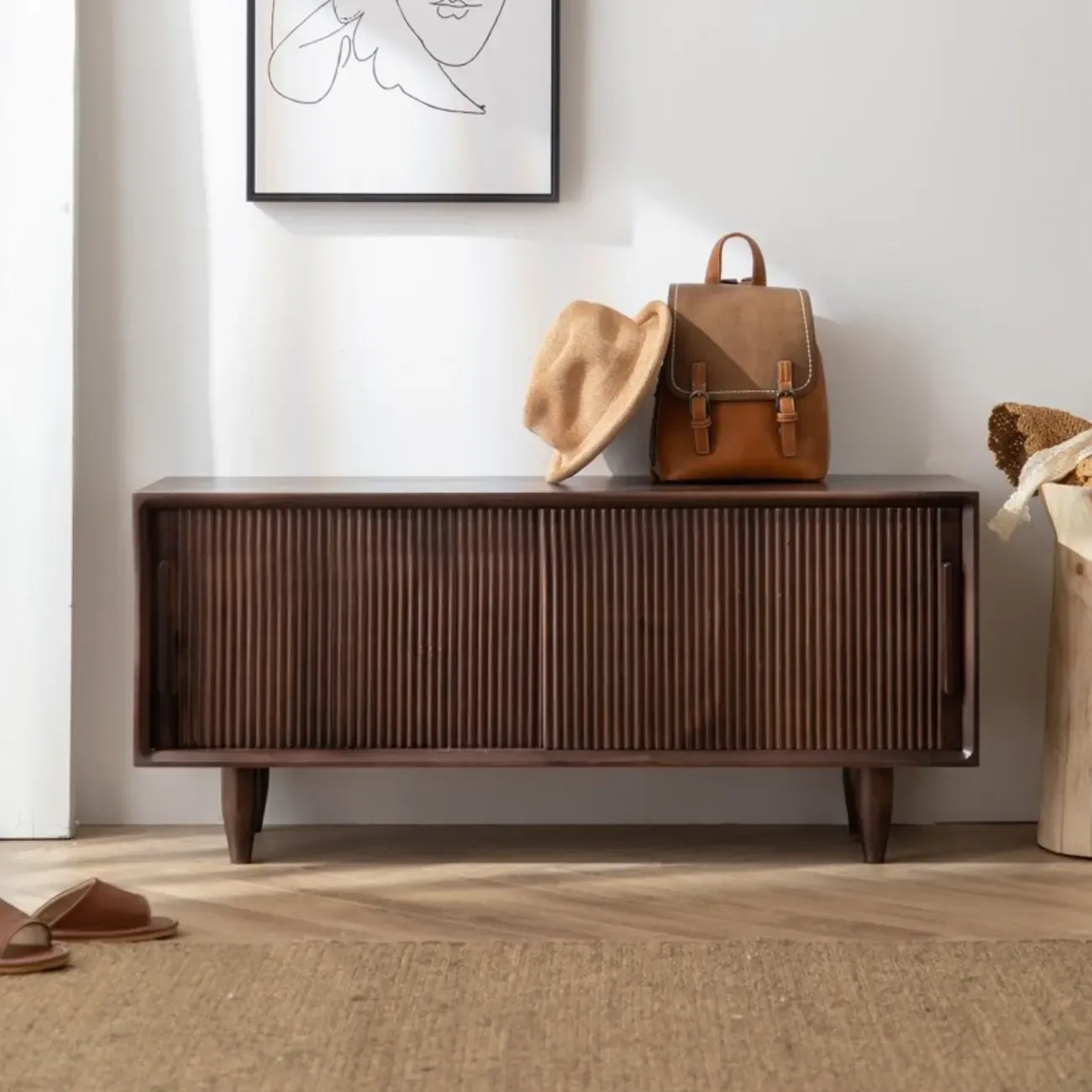 Walnut Wooden Cabinet Entryway Bench Sliding Doors