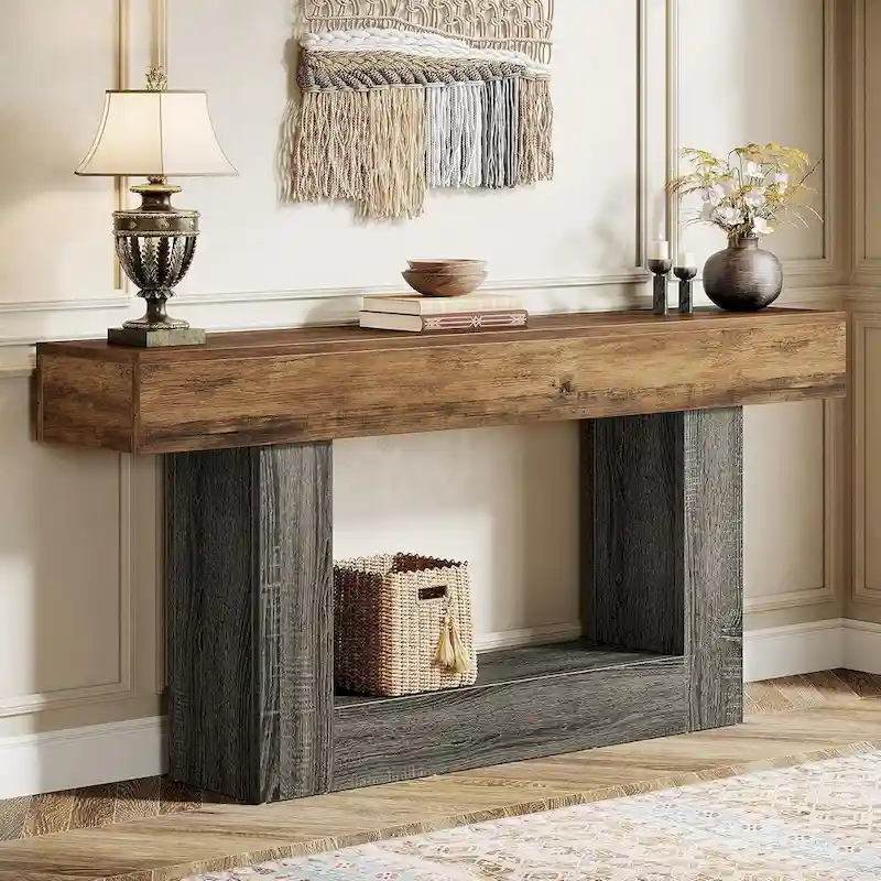 Farmhouse 2 Tiers Entryway Table, 63 Inches Console Table, Narrow Sofa Table