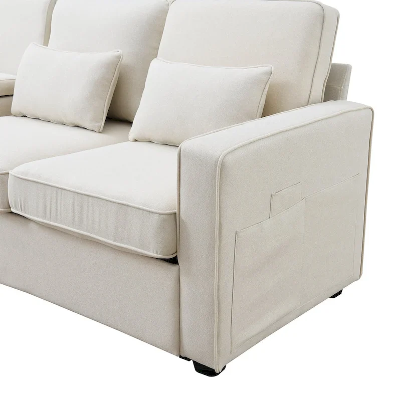 104 4-Seater Modern Linen Fabric Sofa with Armrest Pockets and 4 Pillows