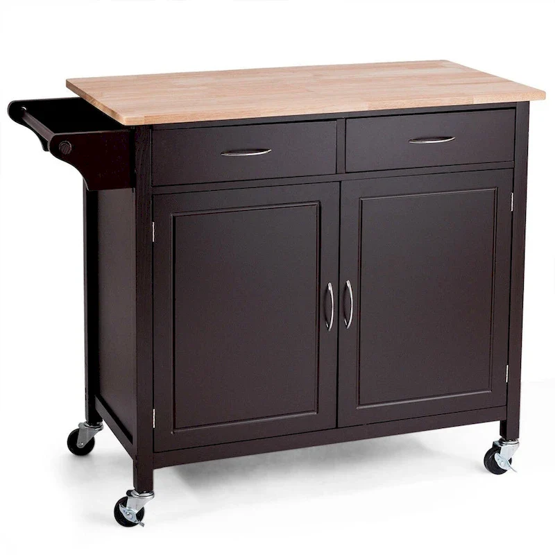 Brown Kitchen Island Storage Cart with Wood Top and Casters - 43 x 19.5 x 35.5 (L x W x H)