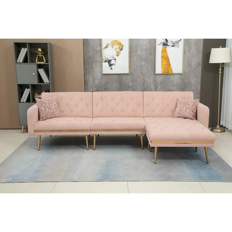 Polyester Upholstered Tufted Sleeper L-Shaped Sectional Sofa With Ottoman