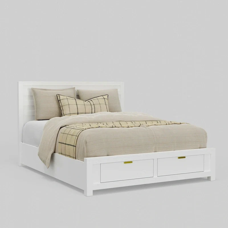 Eastern King Storage Bed - White, Panel Headboard, 2 Drawers, Slats Included, 85W x 80D x 46H