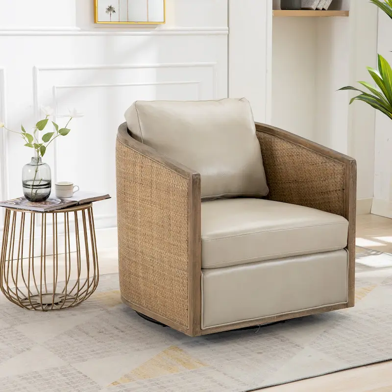 Boucle/Leather Upholstered 360 Degree Swivel Round Barrel Club Chair