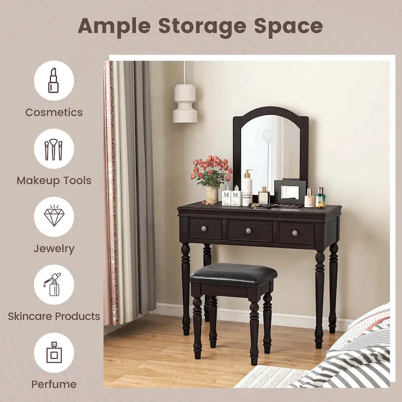 Costway Vanity Table Set Makeup Desk Cushioned Stool 3 Drawer Large - See Details