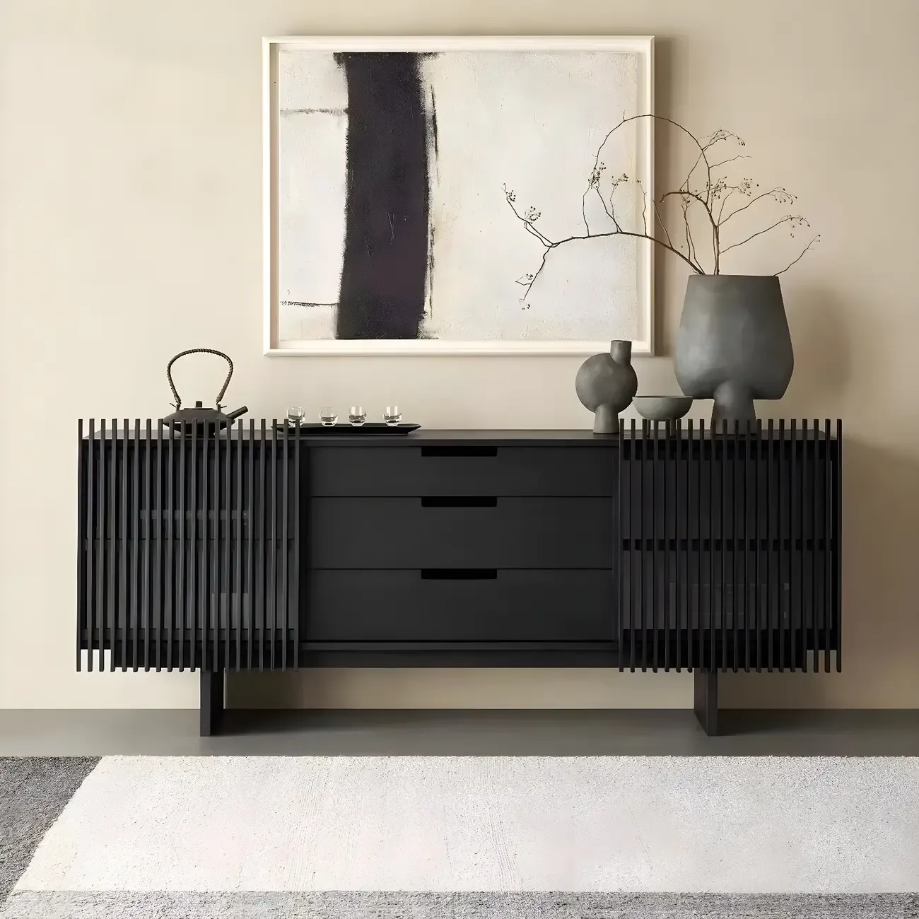 Black Wooden Buffet Table with Sliding Doors and Drawers