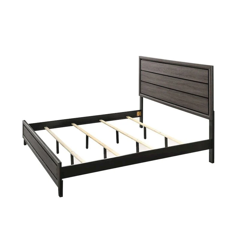 Asir King Size Bed, Geometric Panel Headboard, Modern Gray Wood Finish