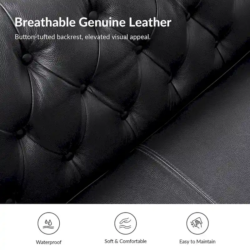 Eugne Transitional Genuine Leather Tufted Design Sofa with Solid Wood Legs by HULALA HOME