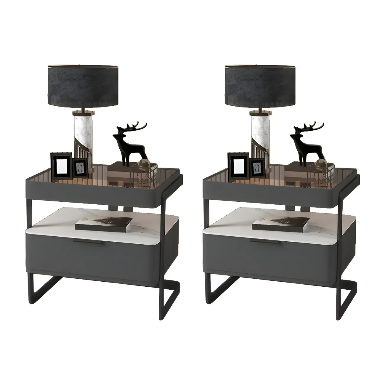 Modern Wood Nightstand with Glass Countertop and Drawer